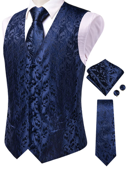 Men's Classic Floral Vest & Tie Hanky Cufflinks Set – Waistcoat for Weddings Events Party Gift