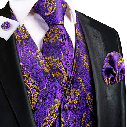 Green Mint Purple Mens Silk Vest Tie Jacquard Autumn Spring Suit Waistcoat Jacket Necktie Hanky Cufflinks for Men Wedding