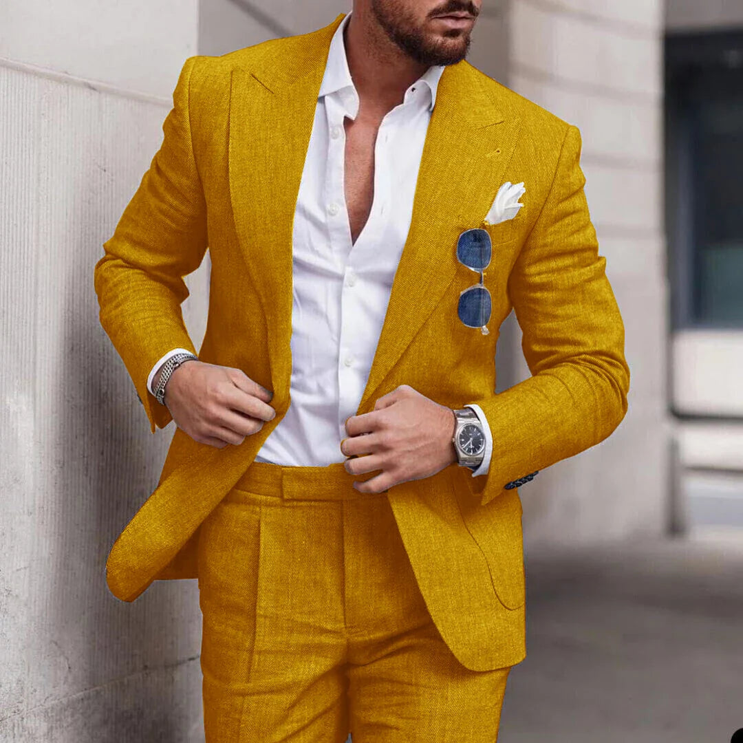 Men's 2 Piece Linen Suit Slim Fit Notch Lapel Casual Blazer Jacket & Trousers Business Wedding Party Formal Dress Set for Men