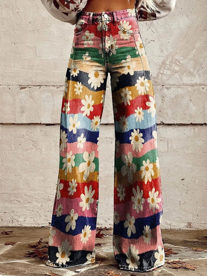 Women's Fashion Casual Trendy Faux Denim Pants Stylish Loose Fit High Waist Trousers