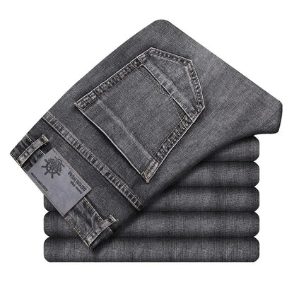 2026 Cotton Stretch Jeans Business Casual Men's Thin Denim Jeans Grey Spring Summer Brand New Fit Straight Lightweight