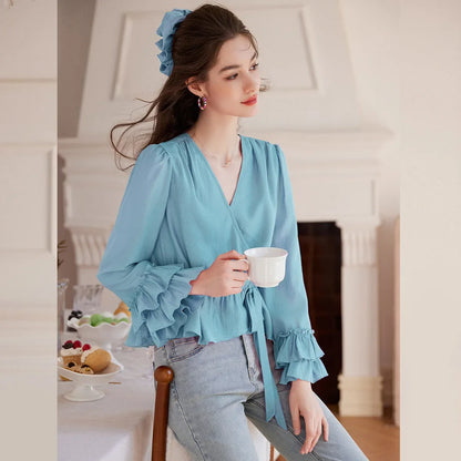 Long Sleeved Women's Shirt 2025 Spring/Summer V-neck Multi-layer Ruffled Cuffs and A Patchwork Hem Splicing Shirt