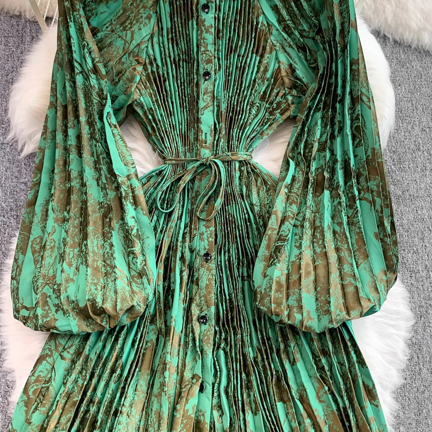 Ele Printed round Ne Lantern Sve Dr Women's Single Button Waist Cinch Maxi Skirt Long Dr Commute Sle Autumn
