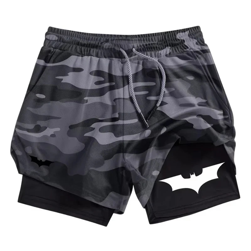 Bat Print 2 in 1 Performance Shorts for Men Athletic Breathable Quick Dry Shorts with Phone Pocket Gym Workout Running