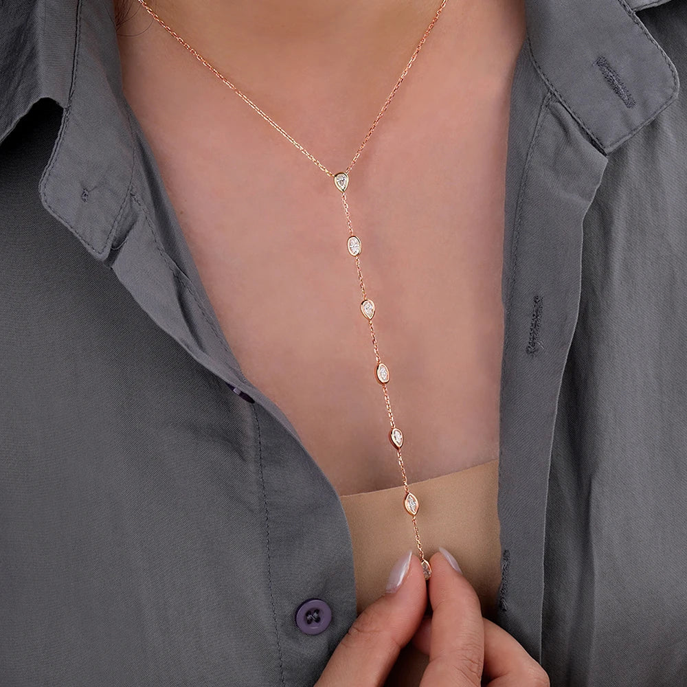 Multi Shape Moissanite Lariat Necklace for Women S925 Silver Bezel Set Pear/Oval Marquise Diamond Long Tassel Drop Necklace