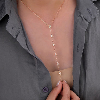 Multi Shape Moissanite Lariat Necklace for Women S925 Silver Bezel Set Pear/Oval Marquise Diamond Long Tassel Drop Necklace