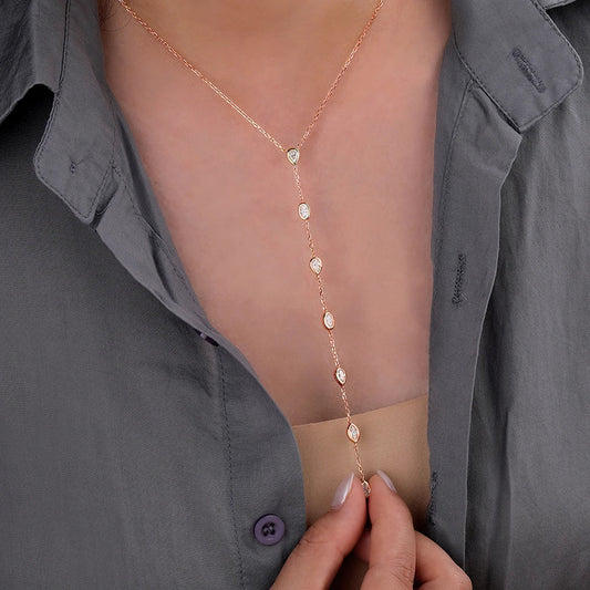 Multi Shape Moissanite Lariat Necklace for Women S925 Silver Bezel Set Pear/Oval Marquise Diamond Long Tassel Drop Necklace