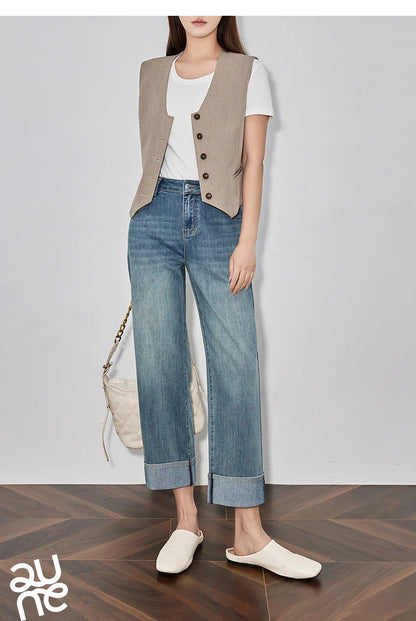 Women Denim Jeans 2025 Spring New Straight Wide Leg Rolling Up Ankle Length Cropped Pants
