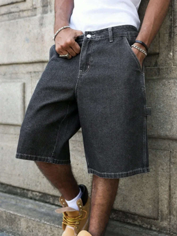 Men's Summer Black-Grey Loose Baggy Denim Shorts