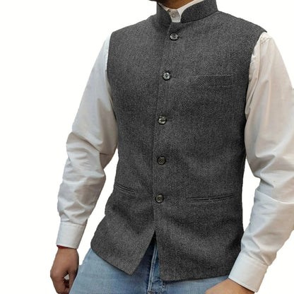 Men Vest Gray Herringbone Height Collar Single Button Waistcoat For Wedding Party Business Work Daily Casual Men Suit Vest