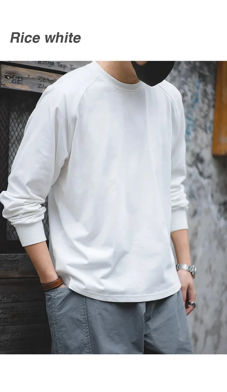 100% Cotton Loose Crew Neck Long Sleeve T-shirts Men's  230g Thin Breathable Tee Shirt Basic Solid Color Oversized Tops