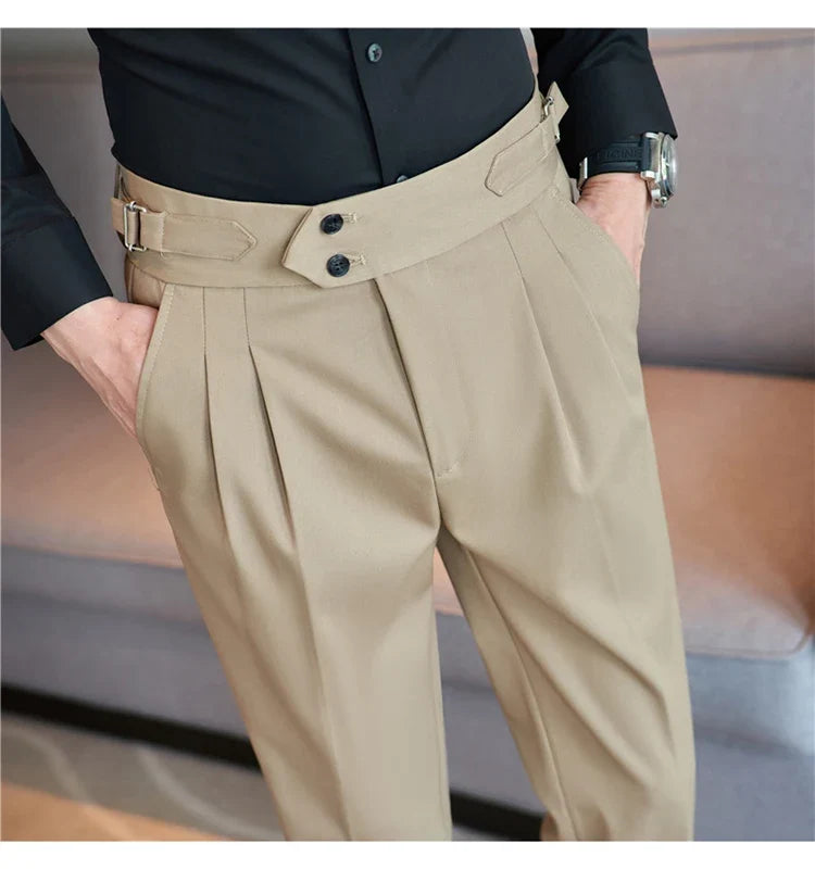 British Style Autumn New High Waist Trousers Men Belt Design Slim Fit Suit Pants Office Social Wedding Party Formal Pants Hommes