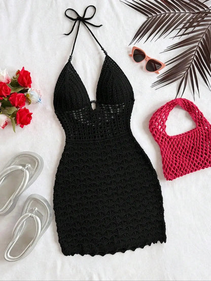 Soleia Summer Sexy V-Neck Hollow-Out Wooden Beads Fitted Dress, Vacation Spaghetti Strap Backless Ombre Knitted Dress, Suitable