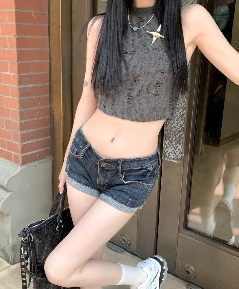 Summer New Female Fashion Hot Girl Street Casual Hip Wrap Sexy Mini Shorts Women's Low Rise Elastic Tight Curled Denim Shorts
