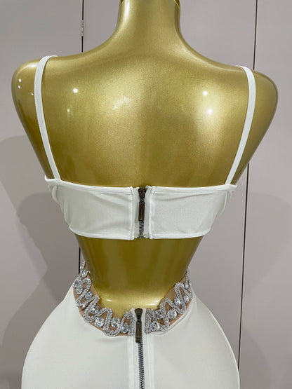 STOCK Luxury Shiny Diamond Chain White Sexy Sleeveless Bodycon Mini Dress 2025New Evening Birthday Party Nightclub Stage Costume