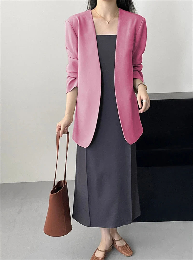 Fashion New Solid Casual Joker Women's Blazer Spring Autumn No Placket Cardigan Suit Jackets V-neck Long Sleeve 19-Color Coats