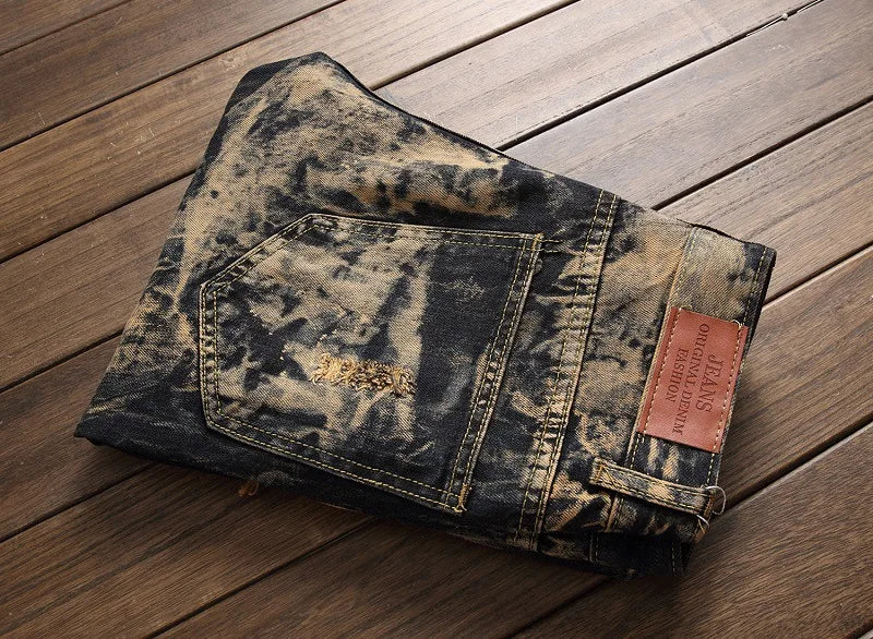 American Vintage Straight-leg Jeans for Men, Featuring Distressed Rip Details, Patchwork and Street-style Tapered Cut.