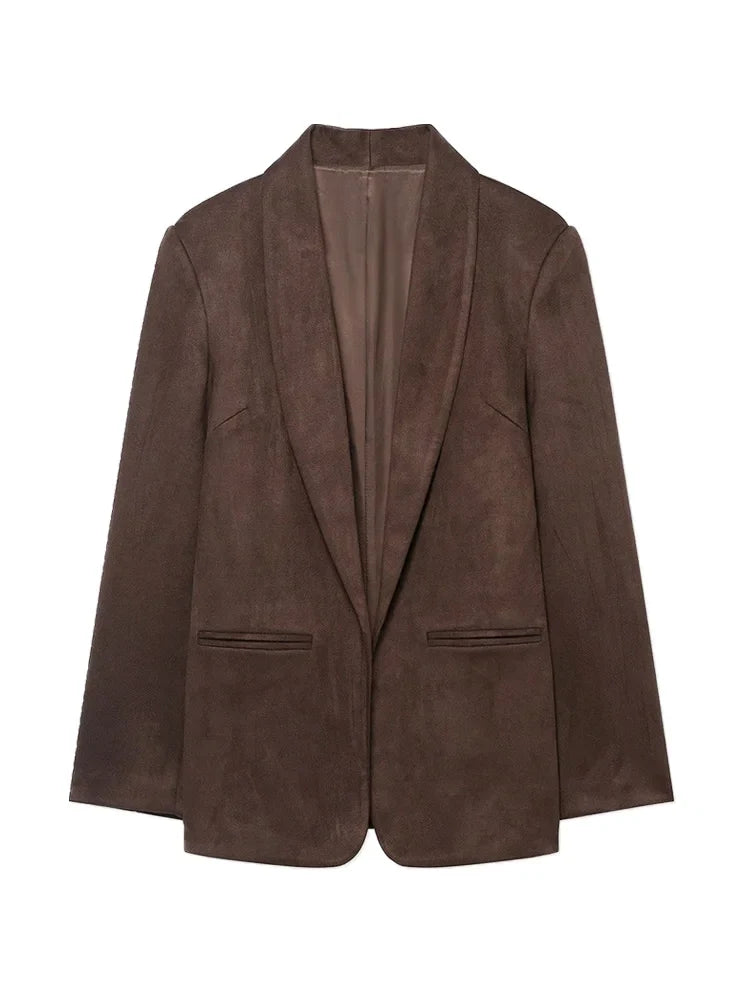 Women's Chic Faux Suede Leather Blazer Coat Long Sleeve with Welt Pockets Fashion Outerwear