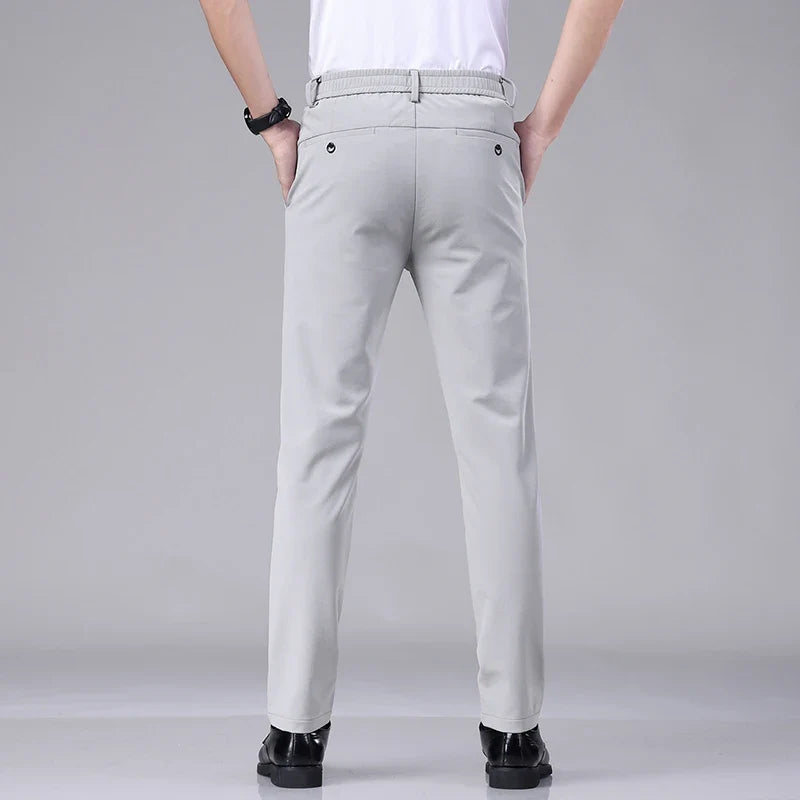 Ultra-thin Elastic Men's Casual Trousers Summer Quick-drying Ice Silk Slim Straight Business Solid Color Trousers Black Gray