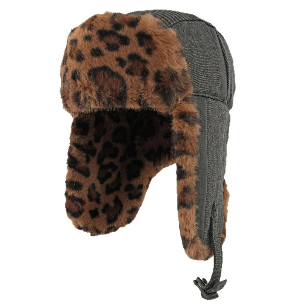 Bomber Hat Men Women Thick Warm Winter Hat Leopard Fur Earflap Cap Male Female Russian Hat Windproof Snow Ski Trapper Cap