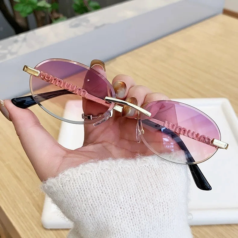 New Oval Rimless Sunglasses Women Luxury Fashion Narrow Sun Glasses Shades Trendy Elegant Diamond Eyewear Lentes De Sol Mujer