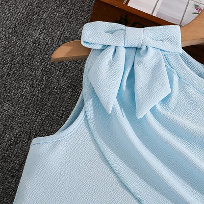 Girls 8-12 Light Blue Summer Casual Dress, Front Sleeveless Bow Decor High Waist Pleated Skirt, Daily Kids Outfit