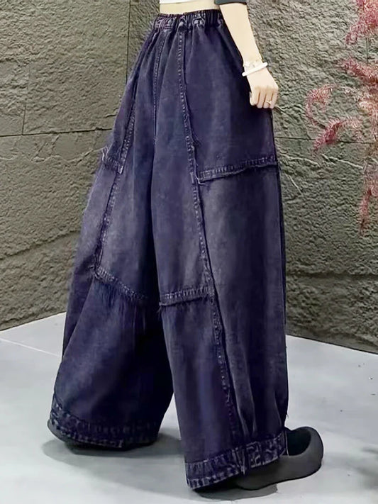 Amax LuluE Korean Winter Fashion Jeans Womens Loose Vintage Design Denim Wide Leg Pants Classic Leisure Elastic Waist Trousers