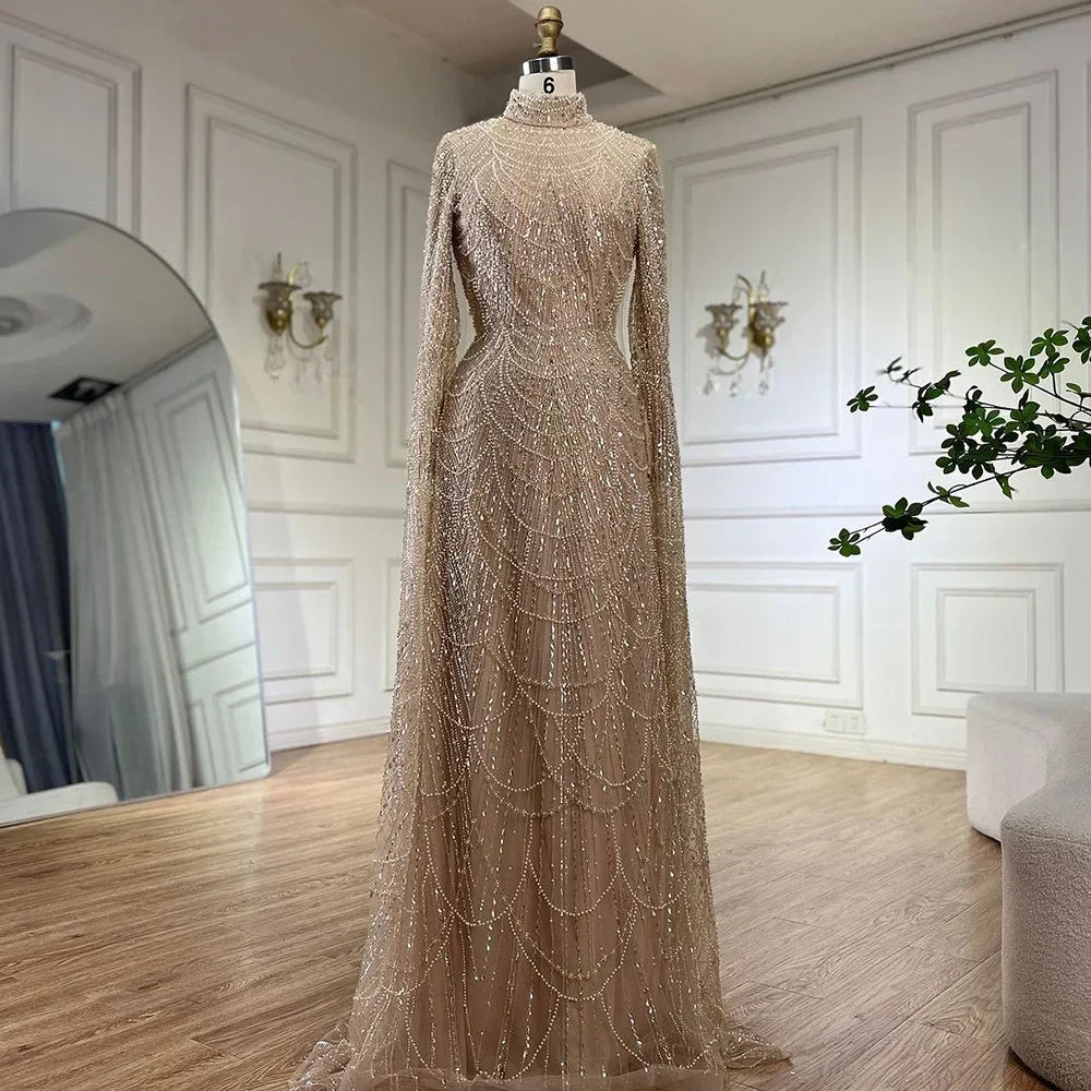 Customized 2026 Muslim Nude Mermaid Cape Sleeves Luxury Evening Gown Pearls Beaded Dress for Women's Party Prom Dresses