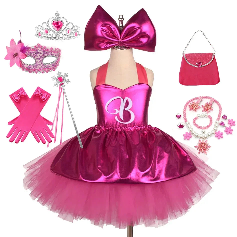 Princess Girls Rosy Knee Length Rose Red Tutu Dresses for Girl Letter B Birthday Party New Year Christmas Costumes Margot Robbie