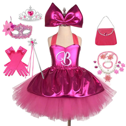 Princess Girls Rosy Knee Length Rose Red Tutu Dresses for Girl Letter B Birthday Party New Year Christmas Costumes Margot Robbie