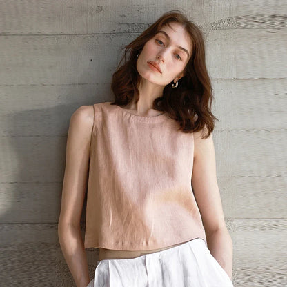 Chic Front And Back Two Wear Women Linen Tank Top 2026 Summer New Casual Short Loose 100% Linen Sleeveless Crop Tops