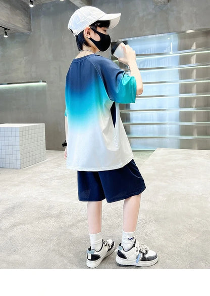 Summer Boys Gradient Quick-dry T-Shirt Top+Shorts Pant Sportswear Set School Kids 2PCS Tracksuit Children Jersey Outfit 5-16 Yr