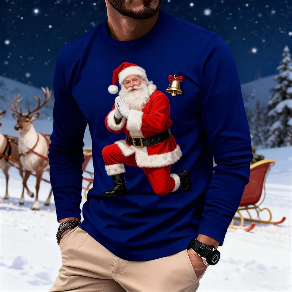 Christmas-Themed Men's Fashion Long-Sleeve T-Shirt Relaxed Fit Comfortable Crew Neck Sweatshirt Holiday Party Attire