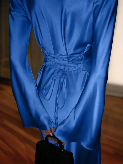 Women's Bespoke Satin Maxi Dress with Corset Waist Tie Classic Round Neck & Dramatic Flared Sleeves Luxury Evening Dress