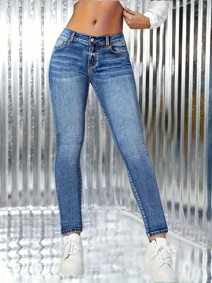 Y2K High Waist Blue Skinny Jeans for Women Elastic Retro Style Denim Pants Simple Classic Design