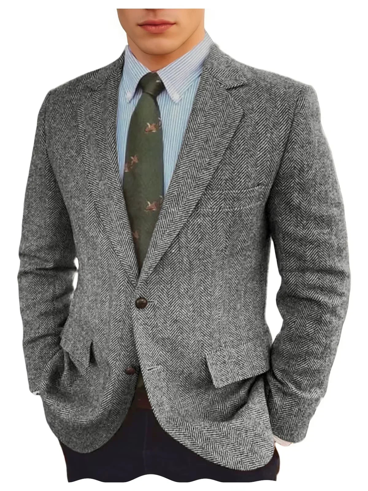 Men's Grey Herringbone Tweed Blazer Classic-Fit Notched Lapel Casual Jacket Slim Fit Business Wedding Suit Coat Plus Size
