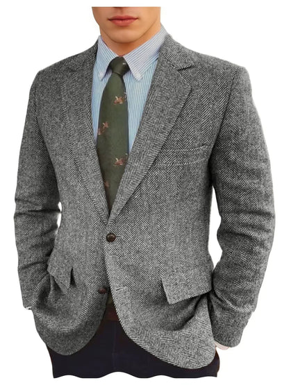 Men's Grey Herringbone Tweed Blazer Classic-Fit Notched Lapel Casual Jacket Slim Fit Business Wedding Suit Coat Plus Size