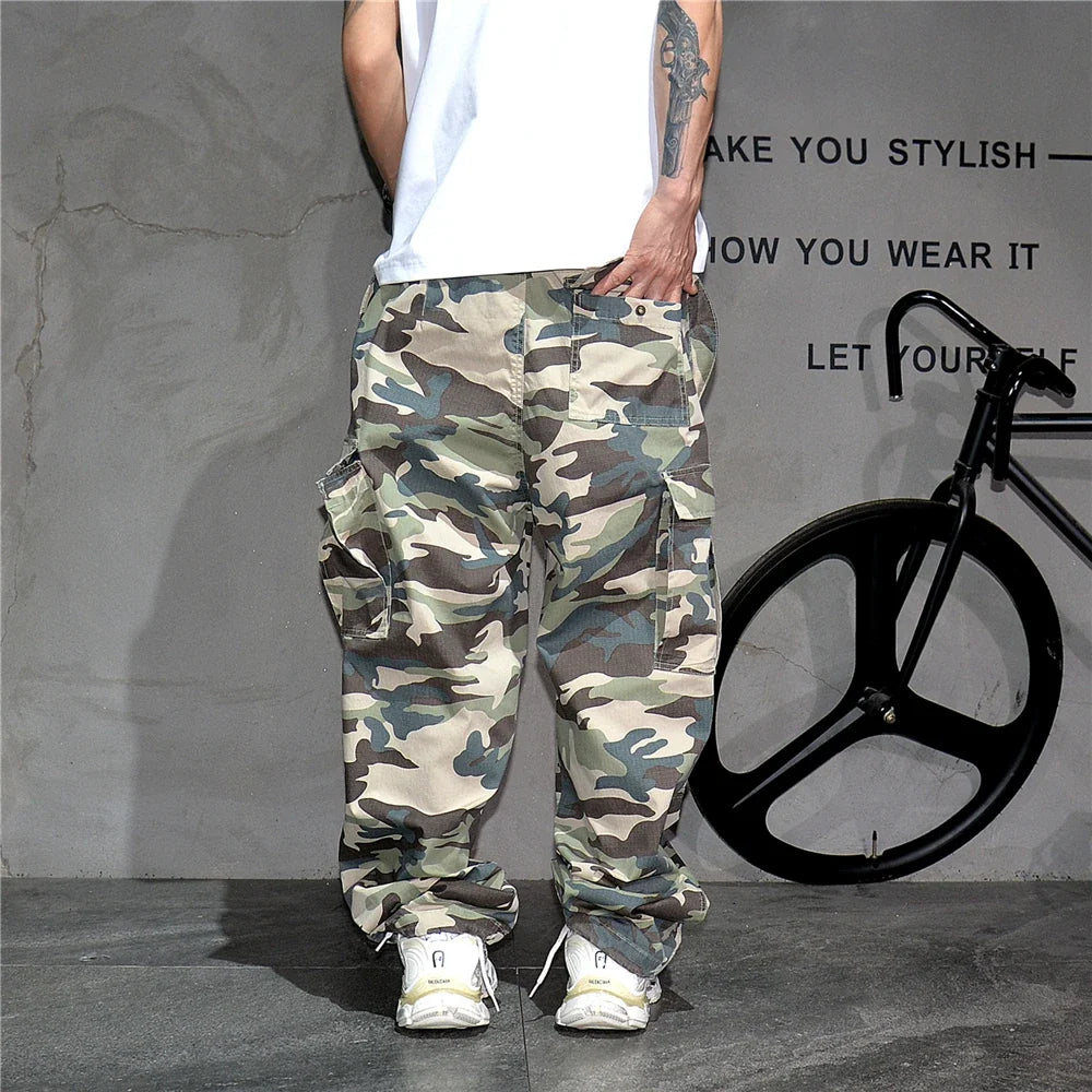 Heavy weight Tactical Cargo Pants For Men Vintage Camo Multi-Pocket Loose Fit Straight Leg Outdoor Streetwear Casual Trousers