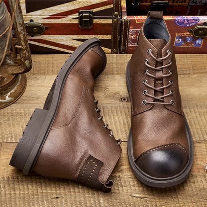 Spring Autumn New British Style Retro Genuine Cow Leather Men Ankle Short Motorcycle Boots Winter Plush Vintage Luxury Shoes 304