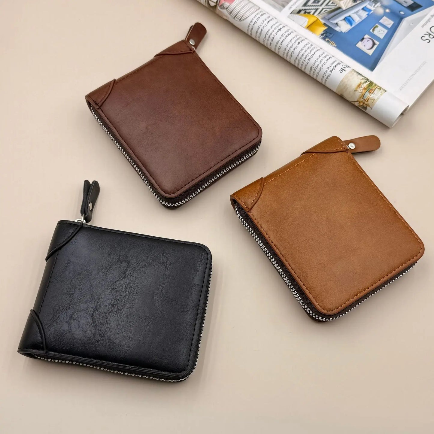 Men’s Leather Zipper Wallet Large Capacity Multi-card Holder Wallets Coin Cash Purse with ID Window