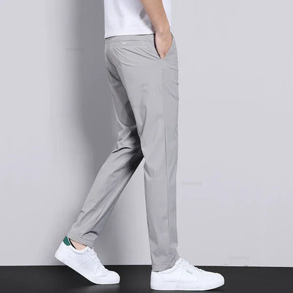 High Elastic Ice Silk Casual Pants Men's Spring Summer Ultra-thin Quick Drying Soft Breathable Business Straight Gray Trousers