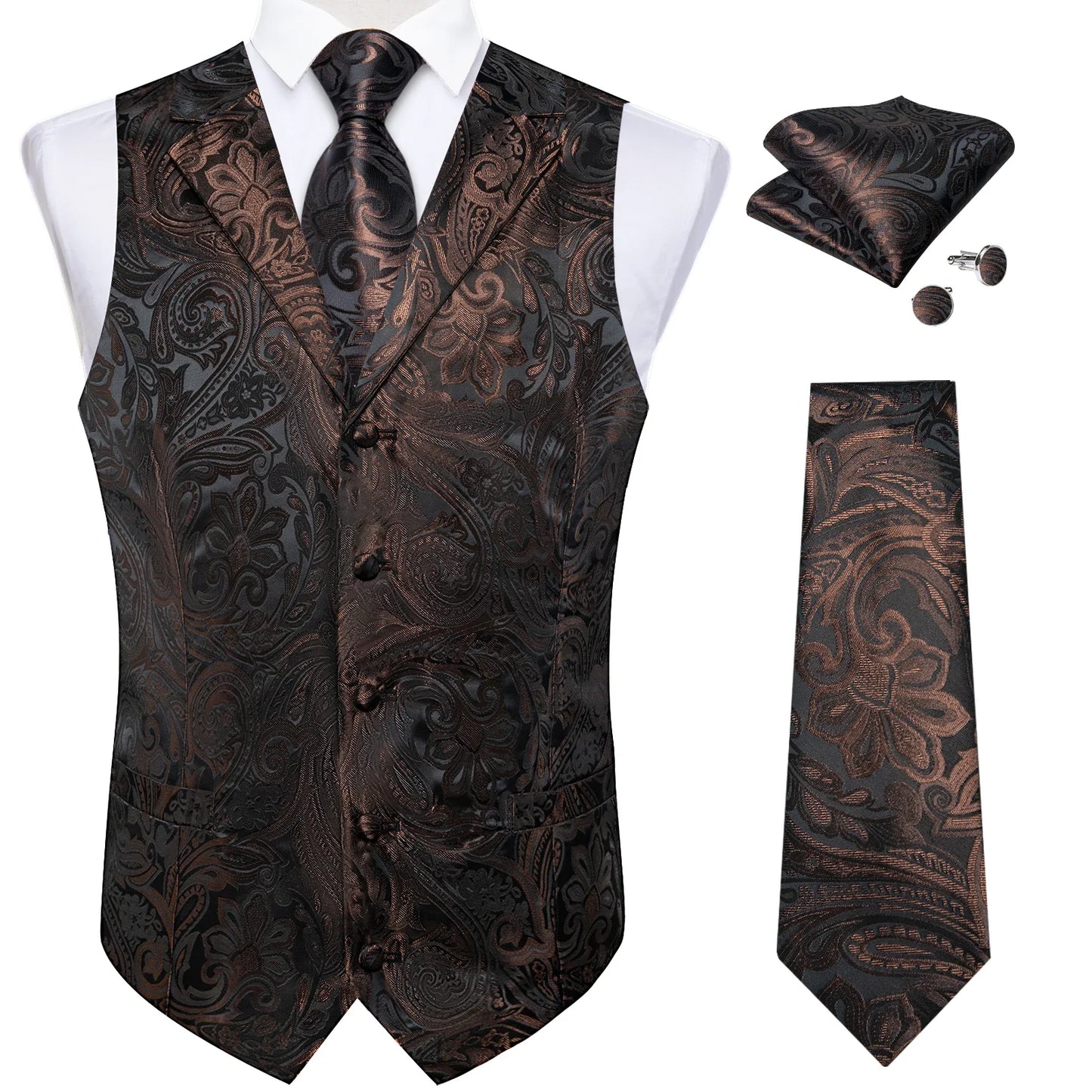 Men's Suit Vest Neck Tie Set Black Paisley Waistcoat for Wedding Party Tuxedo Suits Luxury Sleeveless Jacket DiBanGu