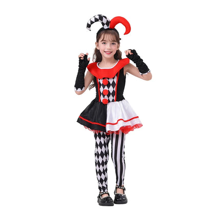 Girls Poker Pattern Jester Clown Cosplay Dress Outfit Kids Halloween Carnival Party Costume