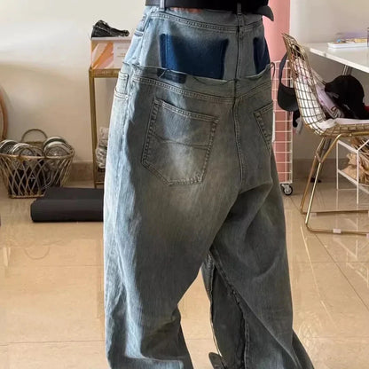 Double-layer Double Waist Patchwork Baggy Jeans for Men and Women Straight Casual Loose Denim Trousers Oversized