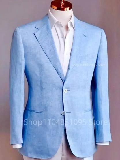 (one blazer) Summer Wedding Groomsmen Slim Fit Coat Blue Linen Men's Blazers Party Prom Suit Jacket Formal Business Tops