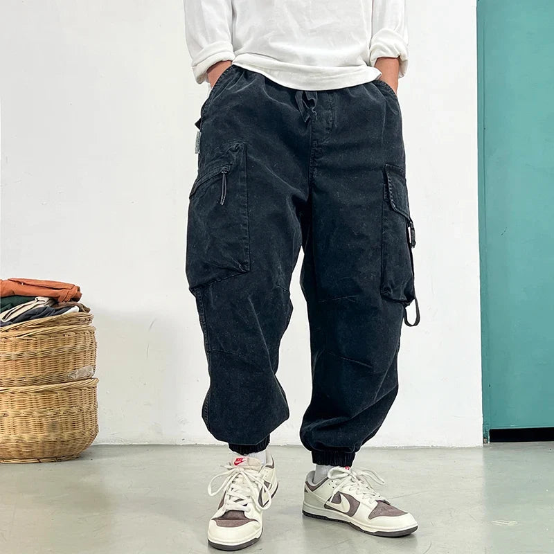 High Quality Snow Wash Distressed Cargo Pants Men Korean Fashion Plus Size Harem Pants Streetwear Joggers Casual Baggy Trousers