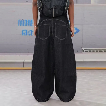 Street Retro Men's Jeans Straight Leg Pants Airplane Buckle Baggy Silhouette Curved Knife Jeans High Waisted Casual Denim Pants