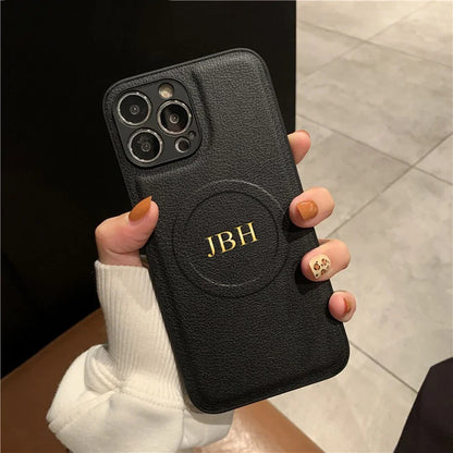 جراب مخصص لهاتف iPhone17 Pro Max 16 15 14 13 12، أحرف أولى مخصصة، شحن لاسلكي MagSafe، غطاء جلدي