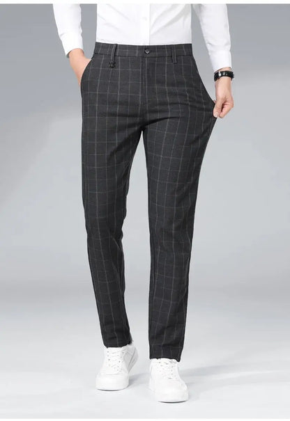 Autumn Winter Men's Business Casual Plaid Pants Korean Fashion Stretch Slim Fit Suit Pants Male Office Formal Versatile Trouser
