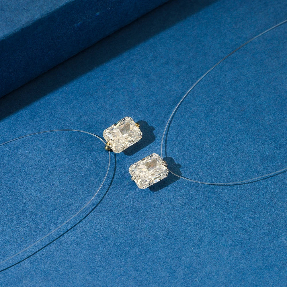 Top Quality 925 Silver Transparent Invisible Fishing Line Chain Shiny 8A Zircon Rectangle Pendant Necklace LZN34